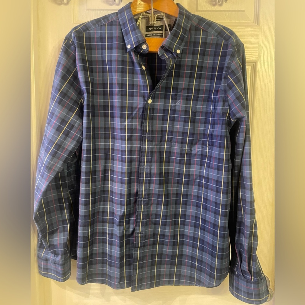 Nautica Blue and Red Casual Button Down Shirt